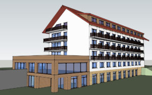 Hmotový model - pohled na západní stranu s přístavbou
